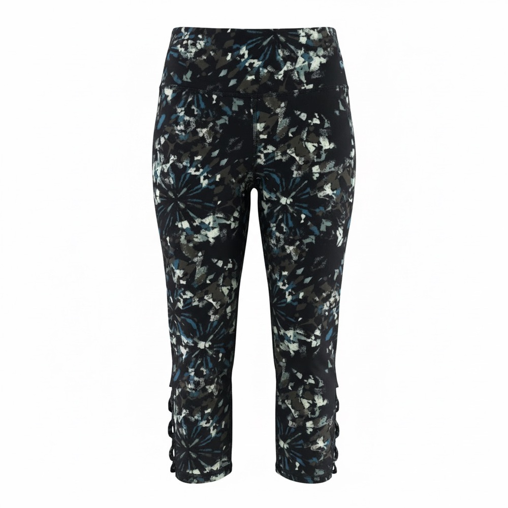 Livi By Lane Bryant Capri Leggings Black/Teal Abstract Print Lace-Up Hem 14/16 P